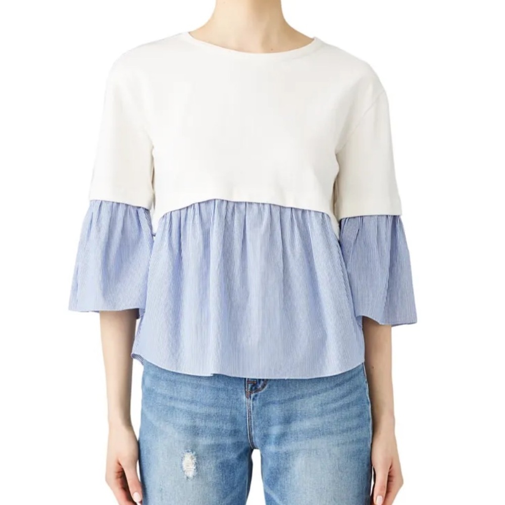 KINLY Layered Poplin Top White Blue Stripe Women’s